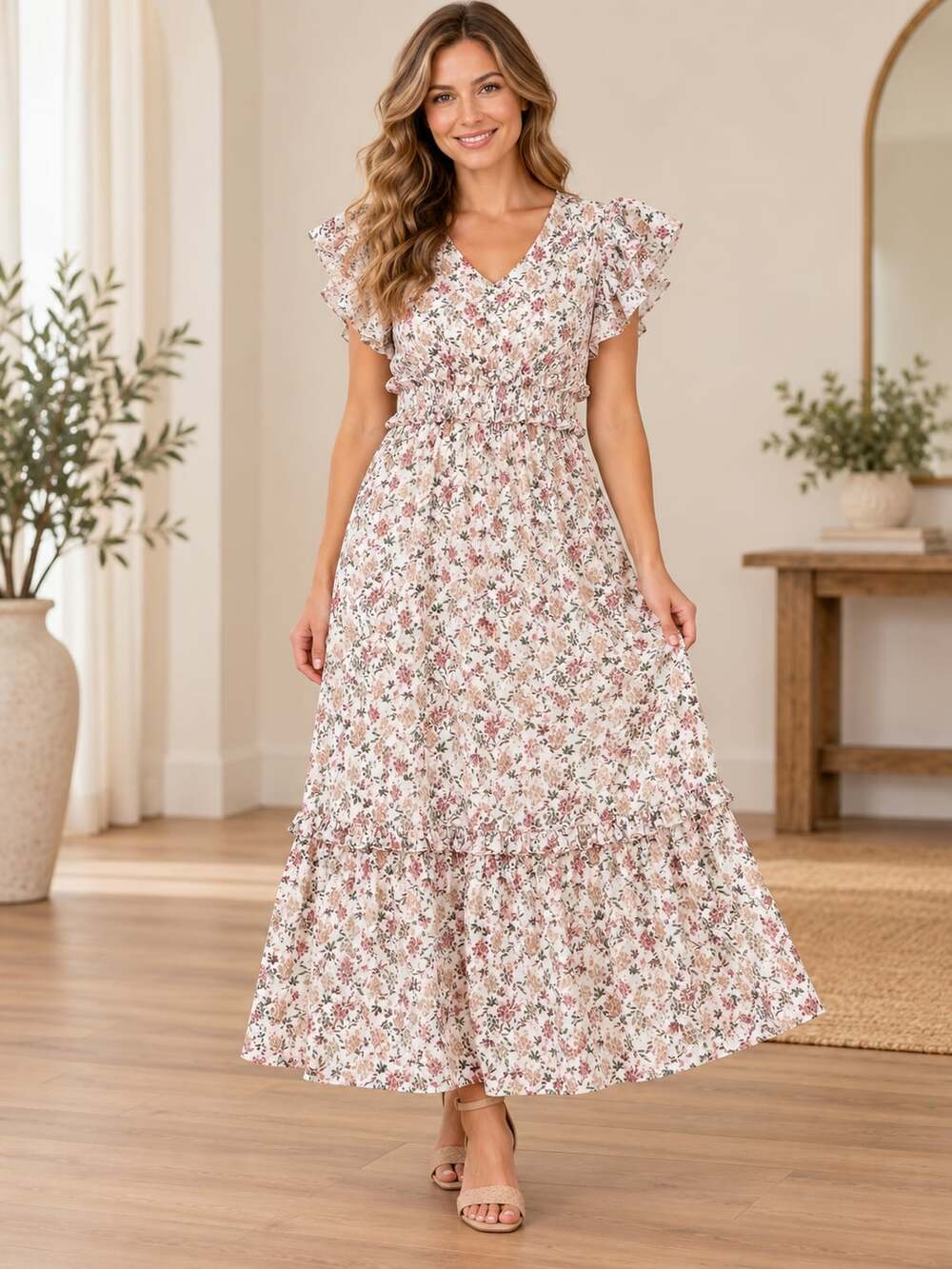 Love Olive Co Floral Maxi Dress L Flutter Sleeve Smocked Waist Tiered Ivory